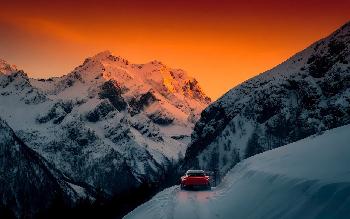 Red Car Parked in Snowy Mountains - HD Wallpaper | Free Download | 4K Ultra HD
