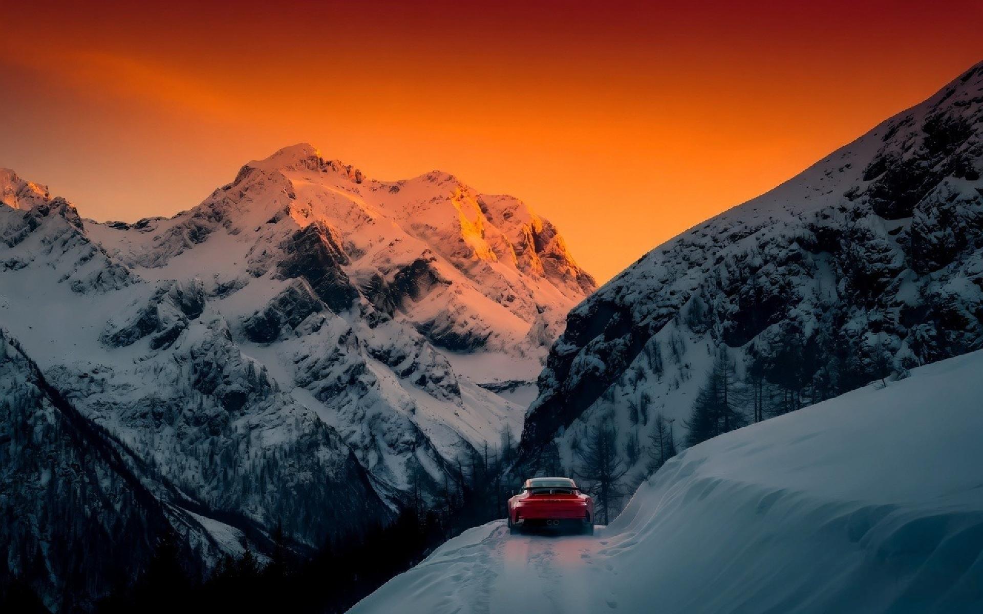 Red porsche snowy sunset 1920x1200