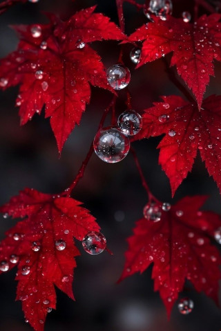Crimson leaves dew drops 320x480